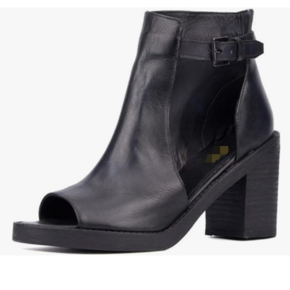 Black Peep Open Toe Side Cutout Strap Buckle Mid Block Stacked Heel Sandals